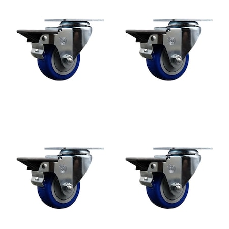 Service Caster 3'' Blue Poly Wheel Swivel Top Plate Caster Set Posi Brake, 4PK SCC-20S314-PPUB-BLUE-PLB-4
